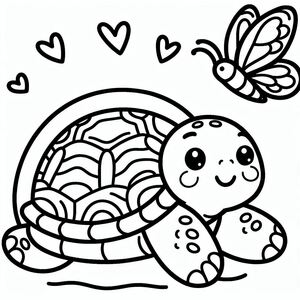 A cute turtle with a butterfly flying above it