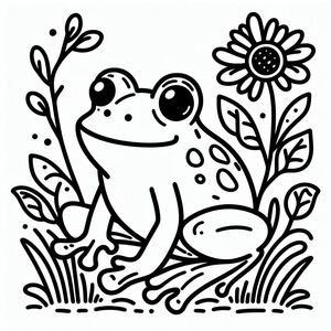 A frog sitting in the grass with a flower