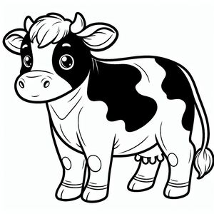 A black and white cow with big eyes