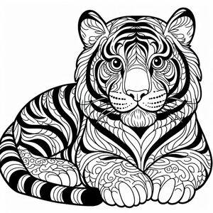 A black and white drawing of a tiger