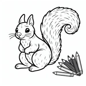 A squirrel sitting next to some pencils