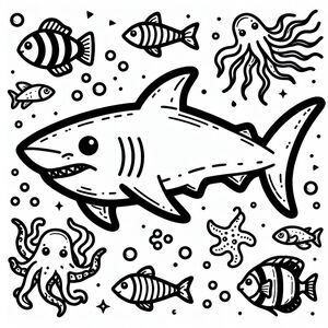 A black and white drawing of a shark surrounded by fish