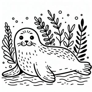 A seal in the water surrounded by plants