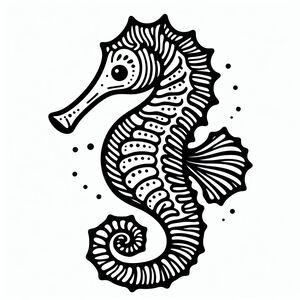 A black and white drawing of a sea horse