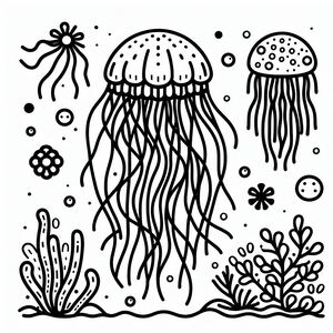 A black and white drawing of jellyfish