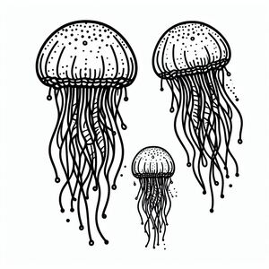 A black and white drawing of two jellyfish