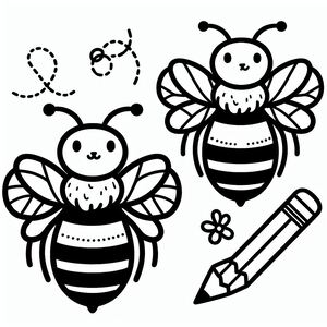 A black and white drawing of a bee and a pencil