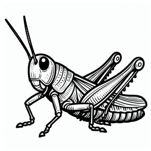 A black and white drawing of a grasshopper