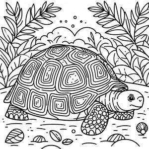 A coloring page of a turtle in the jungle