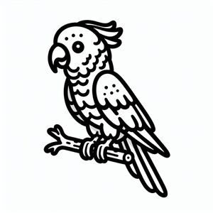 A black and white drawing of a parrot on a branch