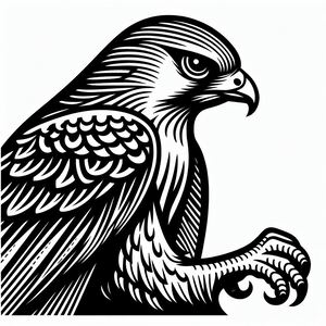 A black and white drawing of a bird