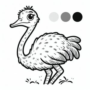 A drawing of an ostrich in black and white