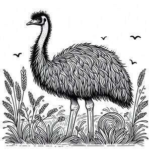 A black and white drawing of an ostrich