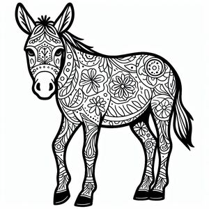 A black and white drawing of a donkey