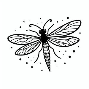 A black and white drawing of a dragonfly