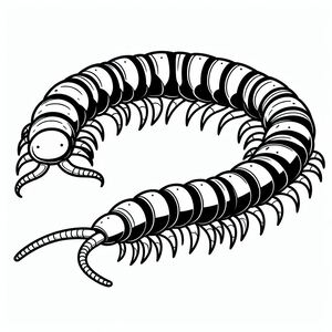 A black and white drawing of a centipeus