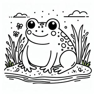 A frog sitting on the ground with grass and flowers in the background