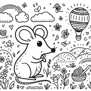 A coloring page with a mouse and a hot air balloon