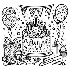 A birthday cake with candles and presents