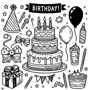 A birthday card with a cake and presents