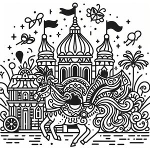 A black and white drawing of a horse in front of a castle