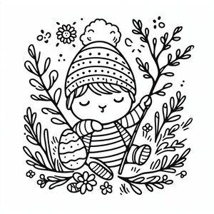 A black and white drawing of a girl holding a bottle