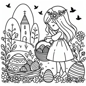 A girl watering water from a basket in a garden