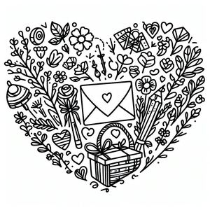 A black and white drawing of a heart filled with flowers
