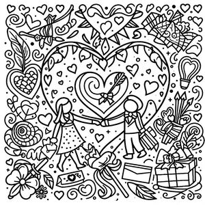 A black and white drawing of a heart surrounded by hearts
