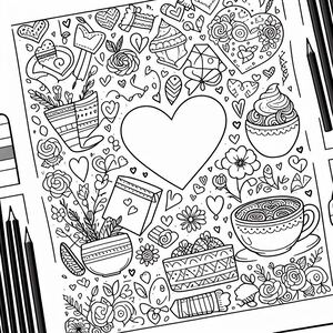 A coloring page with a heart surrounded by doodles