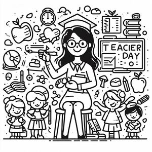 A black and white drawing of a teacher with her students
