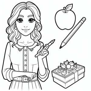 A girl holding a pencil and an apple