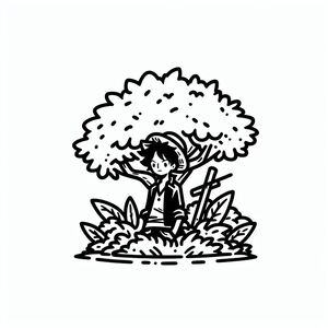 A black and white drawing of a person sitting under a tree