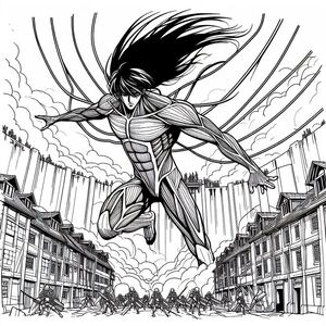 A black and white drawing of a woman in the air
