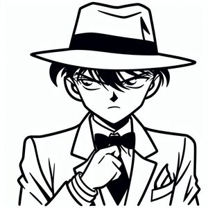 A black and white drawing of a man wearing a hat
