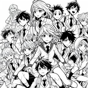 A large group of anime characters in black and white