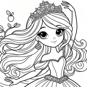 A coloring page of a princess with long hair