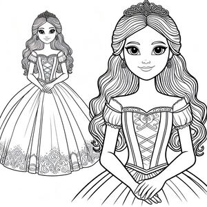 A coloring page of a princess with long hair
