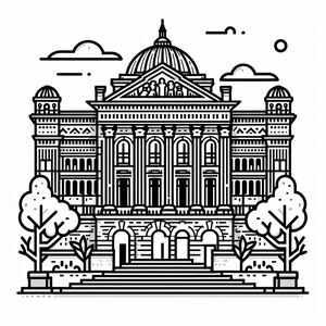 A black and white drawing of a building