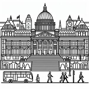 A black and white drawing of people walking in front of a building