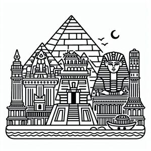 A black and white drawing of an egyptian city