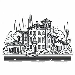 A drawing of a house in the woods