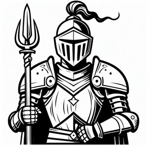 A black and white drawing of a knight holding a sword