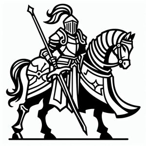 A black and white drawing of a knight on a horse