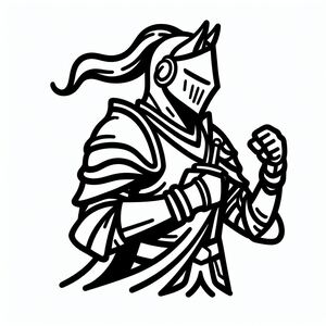 A black and white drawing of a knight