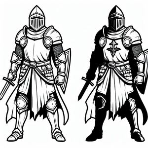 A black and white drawing of two knights