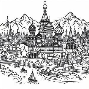 A black and white drawing of a city with mountains in the background