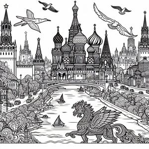 A black and white drawing of a city