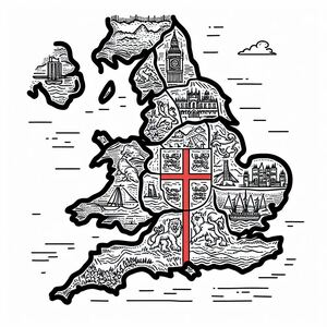 A black and white map of england with a red cross