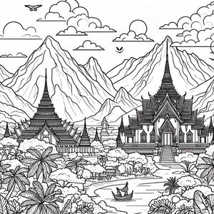 A black and white drawing of a buddhist temple